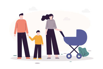 Family portrait. Parents with son and newborn baby on walk. Cute people with baby carriage. Mother, father and son. Happiness wife and husband