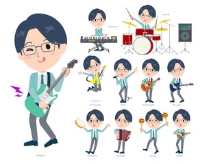 ロックンロールやポップミュージックを演奏する事務員男性のセット