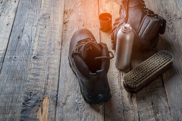 Boots care, shoes care. Waterproof spray and trekking shoes.