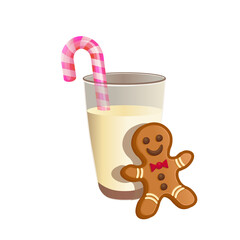 Glass of milk with gingerbread man for Santa on white background.