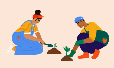 Illustration of young woman and man planting herbs in garden