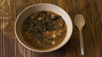 Miso soup. Soup with noodles and seafood.