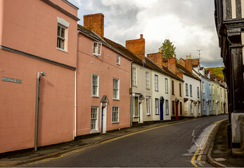 Fototapeta na wymiar Narrow road leading out of Ledbury, a market town in the county of Herefordshire, United Kingdom