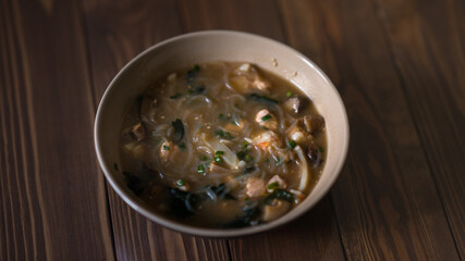 Miso soup. Soup with noodles and seafood.