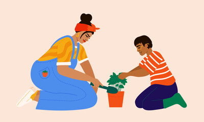 Illustration of mother and young son taking care of plant
