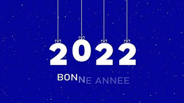 2022 Happy New Year French Text.  Animated Hanging Numbers With string On Royal Blue background. BONNE ANNEE 