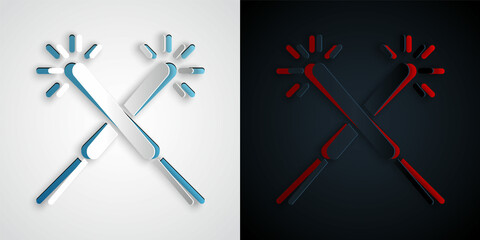 Paper cut Sparkler firework icon isolated on grey and black background. Festive Christmas sparkler candle lights. Merry Christmas and Happy New Year. Paper art style. Vector