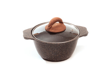 casserole with lid granite cover isolated on white background  - Image