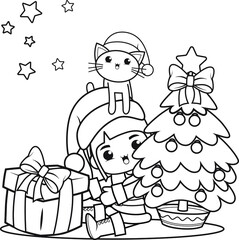 Christmas coloring book with cute girl