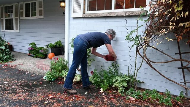 Middle aged woman putting a foam cover on an outdoor spigot as part of fall outdoor chores getting ready for winter
