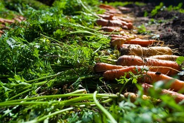 Freshly dug carrots lie in rows on the farmer's ogrod.