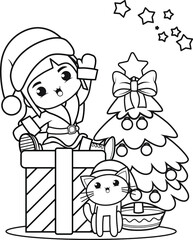 Christmas coloring book with cute girl