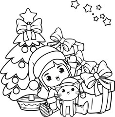 Christmas coloring book with cute girl