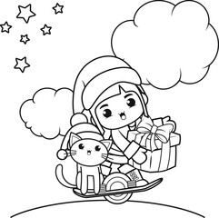 Christmas coloring book with cute girl