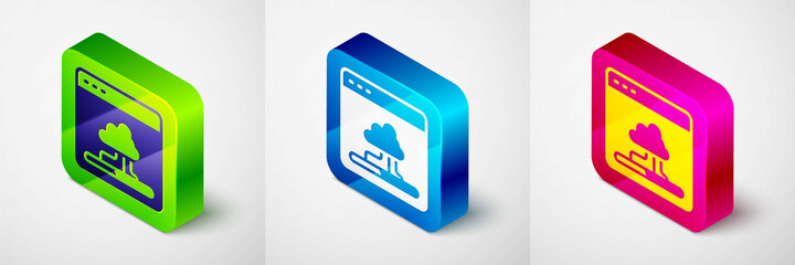Isometric Cloud technology data transfer and storage icon isolated on grey background. Square button. Vector