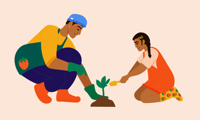 Illustration of uncle and niece planting herbs in garden