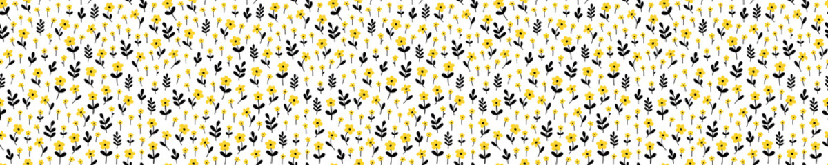 Seamless pattern with yellow flowers and black leaves