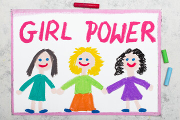 Obraz na płótnie Canvas Colorful drawing: A group of girls are holding hands and slogan GIRL POWER