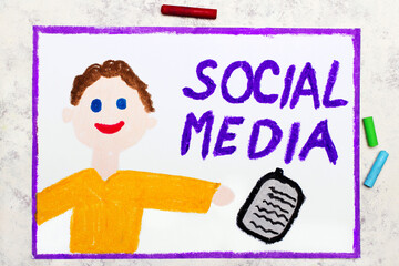 Colorful drawing: Smiling boy is holding a phone and words SOCIAL MEDIA