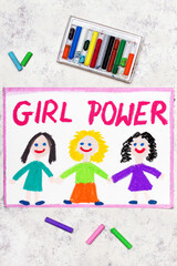 Colorful drawing: A group of girls are holding hands and slogan GIRL POWER