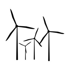 Wind turbines isolated on white background. Windmill group for electric power production. Wind power plant towers farm. Wind mill icon. Eco energy concept.Alternative energy symbol.Vector illustration