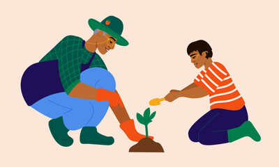 Illustration of grandfather and grandson planting herbs in garden
