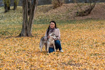 Naklejka na ściany i meble young woman with her dog among the autumn foliage