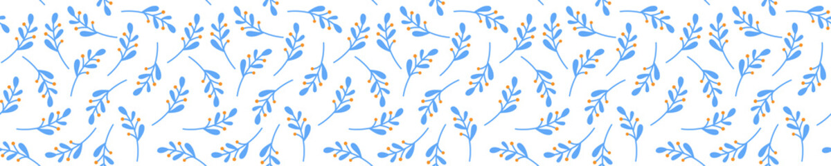 Seamless pattern with blue plants and orange berries