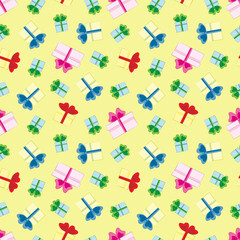 Festive vector pattern with bright gift boxes with bows. Beautiful pattern for postcards. wrapping paper, flyers, invitations, backgrounds