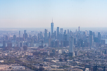 Fototapeta na wymiar Aerial View of Lower Manhattan, the financial district, freedom tower, and Jersey City.