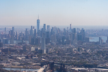 Aerial View of Lower Manhattan,  the financial district, freedom tower, and Jersey City.