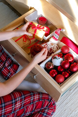 christmas, preparation and storage of gifts, decor, balls, candles,Christmas gift,gift box eco christmas holiday concept, Christmas gift wrapping, decor banner