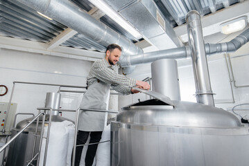 A young male brewer pours malt for beer into a container. A small traditional brewery.