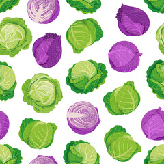 White and red cabbage. Seamless pattern with cabbage on a white background. Vector illustration of fresh vegetables in cartoon simple flat style.