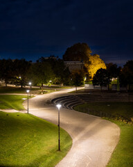 Illuminated walkway with no people in Ingolstadt, Germany.