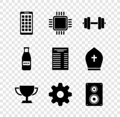Set Mobile Apps, Processor with CPU, Dumbbell, Trophy cup, Cogwheel gear settings and Stereo speaker icon. Vector