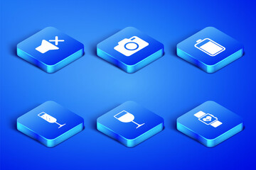 Set Smart watch heart beat rate, Speaker mute, Wine glass, Glass of champagne, Photo camera and Battery icon. Vector