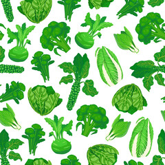 Seamless pattern with cabbage on a white background. Kohlrabi, chinese cabbage, broccoli, brussels sprouts. Vector illustration of fresh vegetables in cartoon simple flat style.