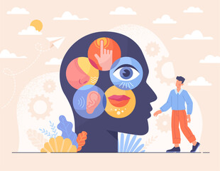 Concept of perception. Man next to silhouette of head. Sense organs, knowledge of world, hearing, sight, taste, smell, sensitivity. Empathy metaphor, communication. Cartoon flat vector illustration