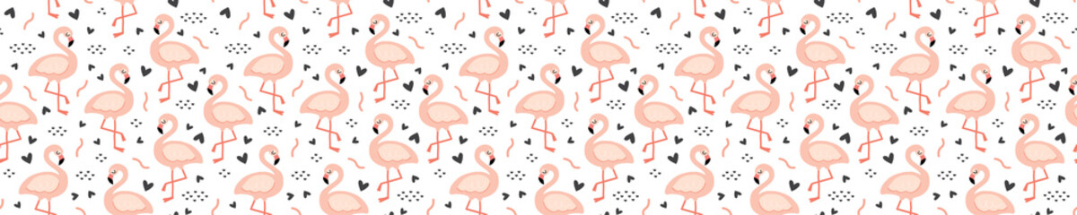 Seamless pattern with flamingo birds, hearts and geometric shapes