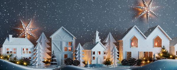 Fototapeta premium Christmas snowy night with white paper houses and fir tree decoration 3D Rendering, 3D Illustration