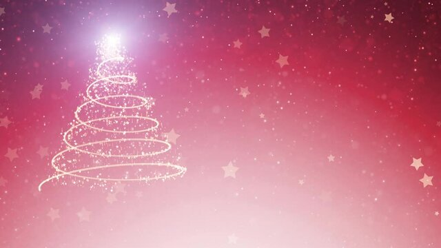 Animated drawing christmas tree on red background with stars and falling snowflakes. Concept holiday greeting card copy space christmas and new years.