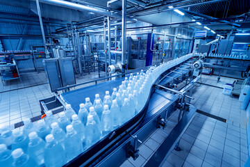 Naklejka premium Conveyor belt with bottles of drinking water at a modern beverage plant.