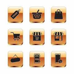 Set Price tag with Free, Signboard hanging, Mobile and shopping cart, Market store, Shopping cursor, Handbag, and basket icon. Vector