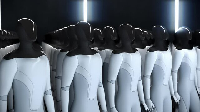 An army of humanoid soldiers lined up. 3d render
