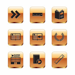 Set Arrow, Supermarket building, Audio book, Open, Ruler and icon. Vector