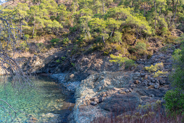 Beautiful nature landscape in Turkey coastline. View from Lycian way to small bay. This is ancient trekking path famous among hikers. Turkey, Ulupinar.