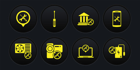 Set Air conditioner service, Smartphone, Video camera, Laptop, Bank building, Screwdriver, Power bank and Location icon. Vector