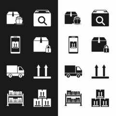 Set Locked package, Mobile with app tracking, Cargo ship boxes, Search, Delivery cargo truck vehicle, This side up, Cardboard traffic and Warehouse icon. Vector