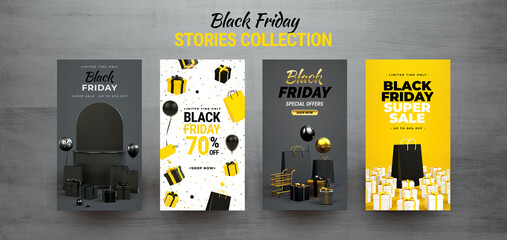 Black Friday social media stories collection. Social network post template with online shopping concept in 3D rendering